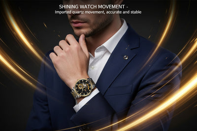 Man wearing a watch with a dark background and gold accents