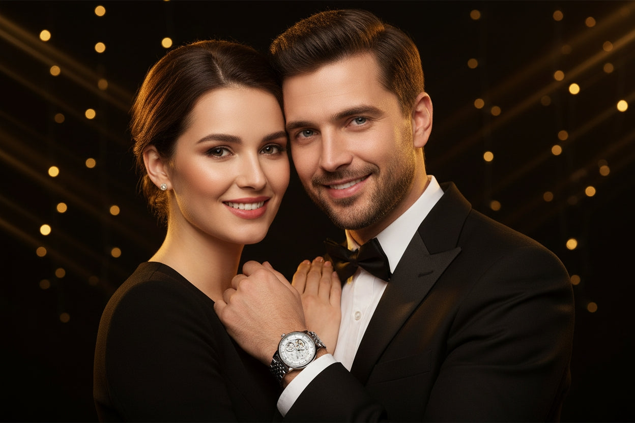 Man and woman posing together against a dark background with lights
