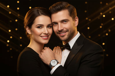 Man and woman posing together against a dark background with lights