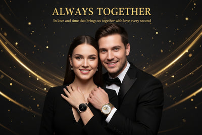 Couple in formal attire with jewelry against a dark background with gold accents.