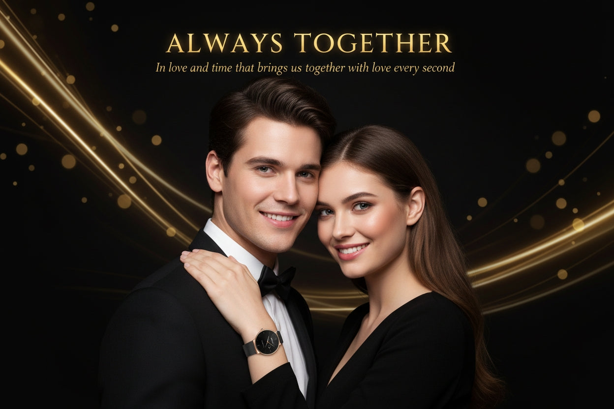 Couple in formal attire with 'Always Together' text on a dark background