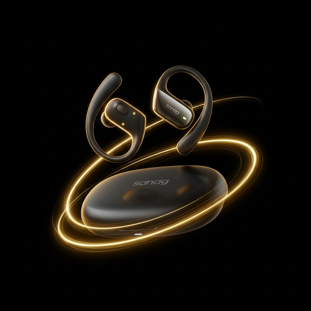 Wireless earbuds with charging case on a black background, featuring the brand 'sonig'.
