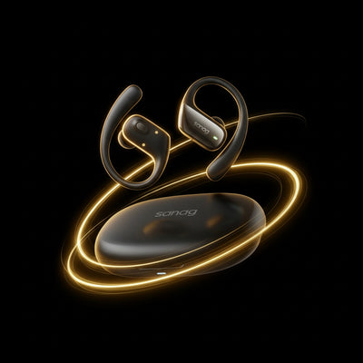 Wireless earbuds with charging case on a black background, featuring the brand 'sonig'.