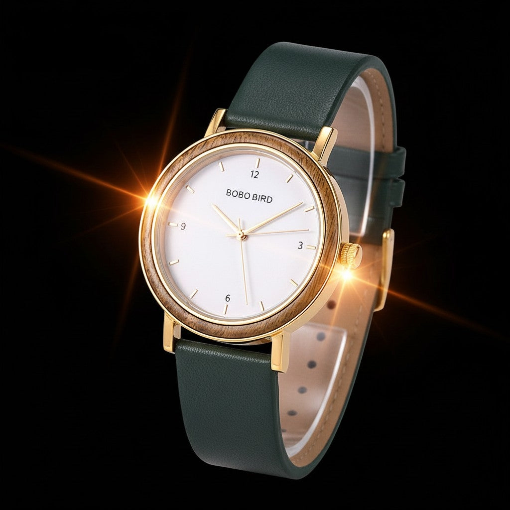 Watch with green strap and gold case on a black background