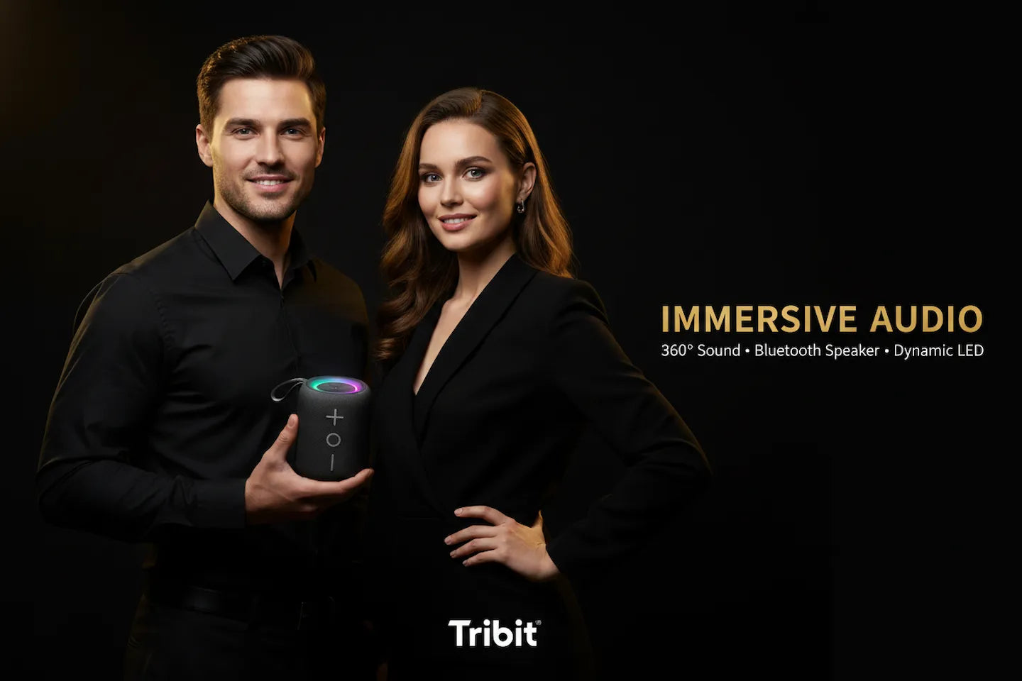 Two people holding a Tribit product with text about immersive audio on a black background