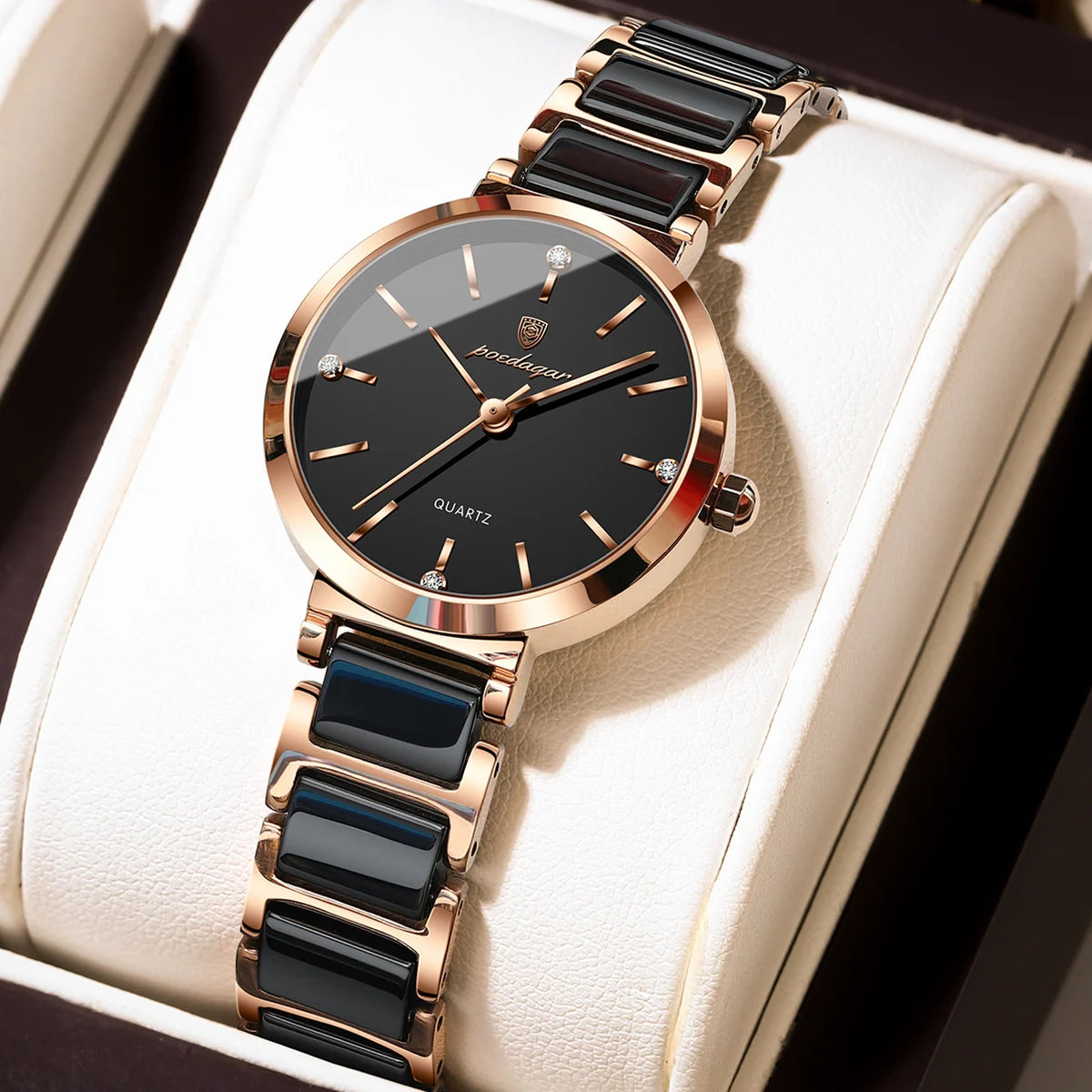 A women's quartz watch with a round black dial, rose gold-tone case, and a matching rose gold and black ceramic link bracelet, presented in a white watch box.