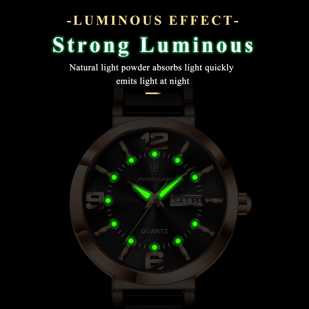 A dark brown quartz watch with a black dial and luminous green hands, indices, and markers, shown against a black background with promotional text highlighting its strong luminescent effect.