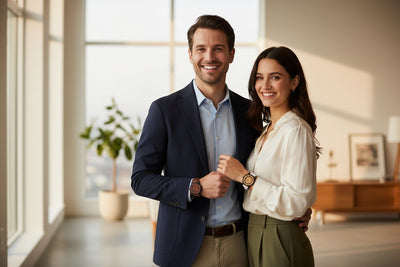 A smiling man in a navy blazer and light blue shirt stands next to a woman in a white blouse and olive green pants in a bright, modern room with large windows.