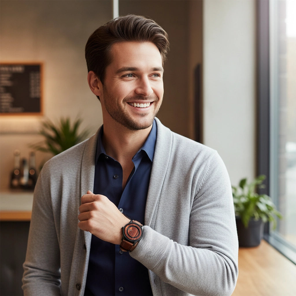 A smiling man in a gray cardigan and navy shirt wearing a brown leather watch with a round dial, standing in a softly lit indoor setting.