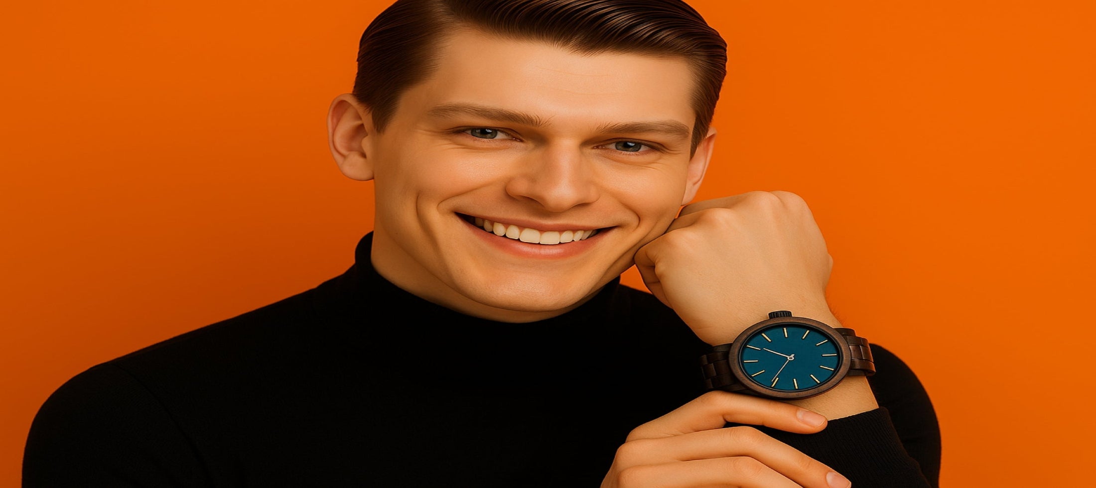 Man wearing a black turtleneck and a watch with a blue face against an orange background