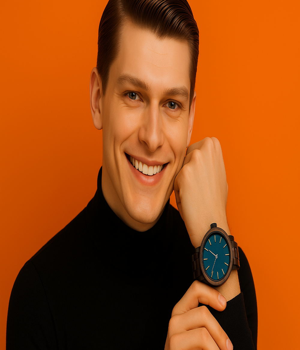 Man wearing a black turtleneck and a watch with a blue face on an orange background