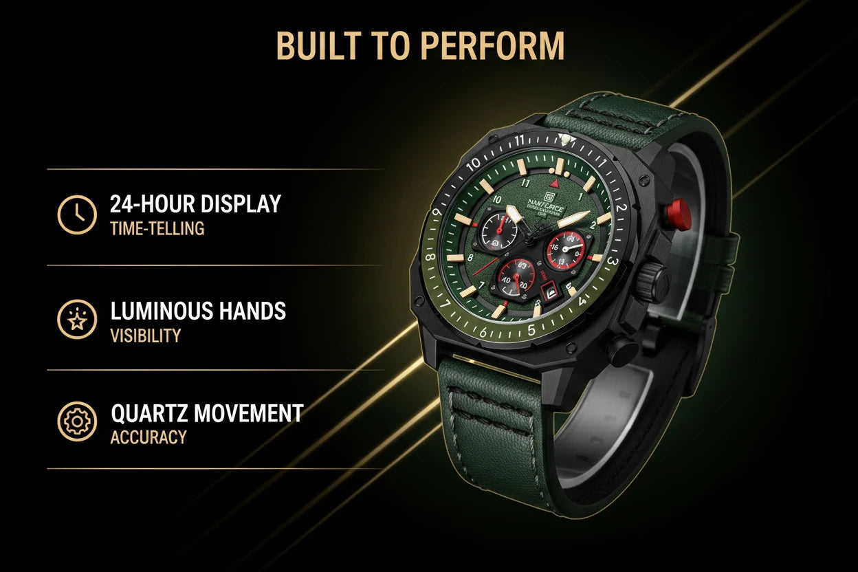 A rugged black and dark green analog watch with a textured strap and multi-dial face, shown on a black background with marketing text reading 'BUILT TO PERFORM' and feature callouts for 24-hour display, luminous hands, and quartz movement.