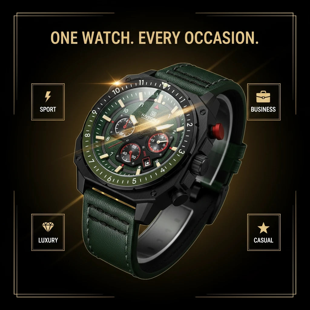 A black and dark green smartwatch with a leather strap, shown at an angle on a dark background with promotional text and icons for sport, business, luxury, and casual use.