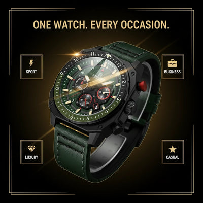 A black and dark green smartwatch with a leather strap, shown at an angle on a dark background with promotional text and icons for sport, business, luxury, and casual use.