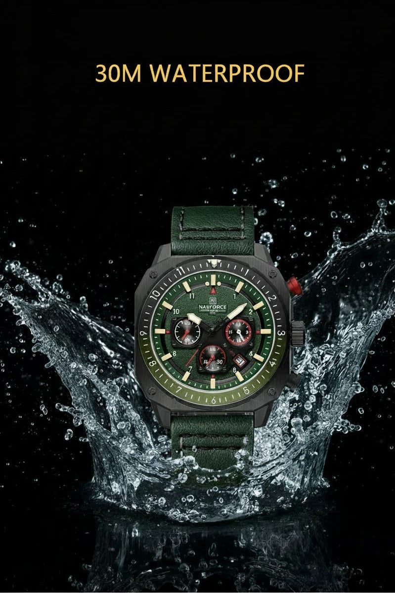 A rugged military-style wristwatch with a dark green strap and green dial, shown emerging from a water splash on a black background with the text '30M WATERPROOF' at the top.
