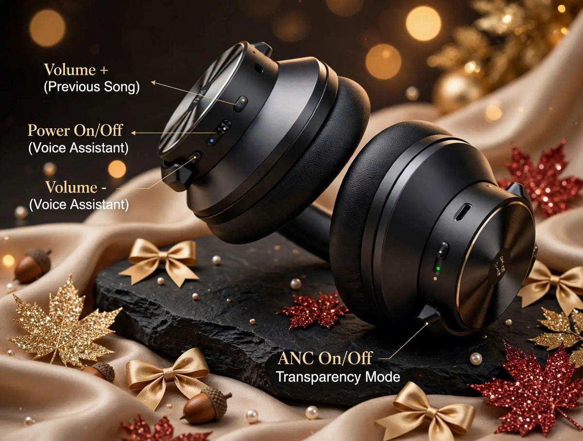OneOdio A10 controls explained volume plus previous song, power on off voice assistant, volume minus, ANC on off transparency mode, luxury autumn background