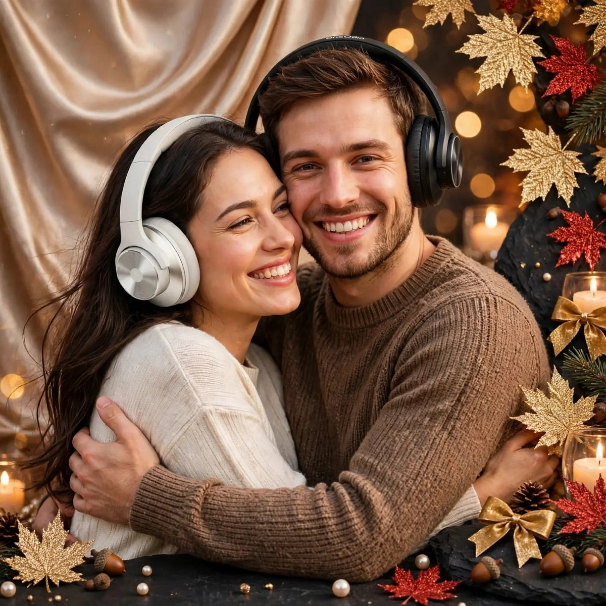 Happy smiling couple woman wearing OneOdio A10 white and man wearing black headphones, hugging cheek to cheek, champagne satin drape, black slate stone with gold glitter leaves, red glitter leaves, gold bows, pearls, acorns and candles, premium lifestyle