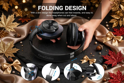 OneOdio A10 folding design hands showing headphones fold inwards 90 degree rotation 50 degree swivel adjustable headband, easy storage, luxury autumn with gold bows and glitter maple leaves