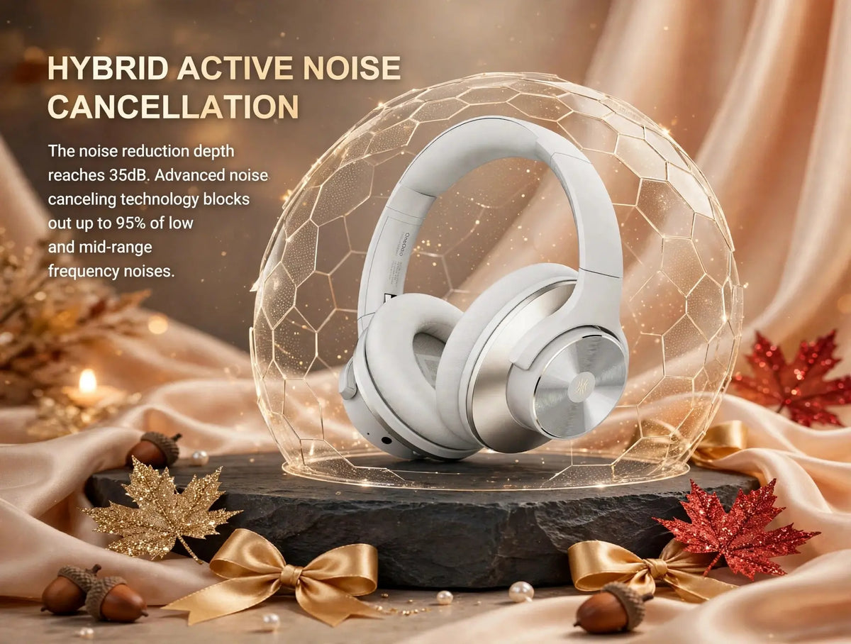 OneOdio A10 hybrid active noise cancellation on white podium with honeycomb shield, 35dB noise reduction depth blocks 95 percent low and mid frequency noise, luxury autumn decoration