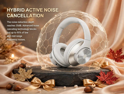 OneOdio A10 hybrid active noise cancellation on white podium with honeycomb shield, 35dB noise reduction depth blocks 95 percent low and mid frequency noise, luxury autumn decoration