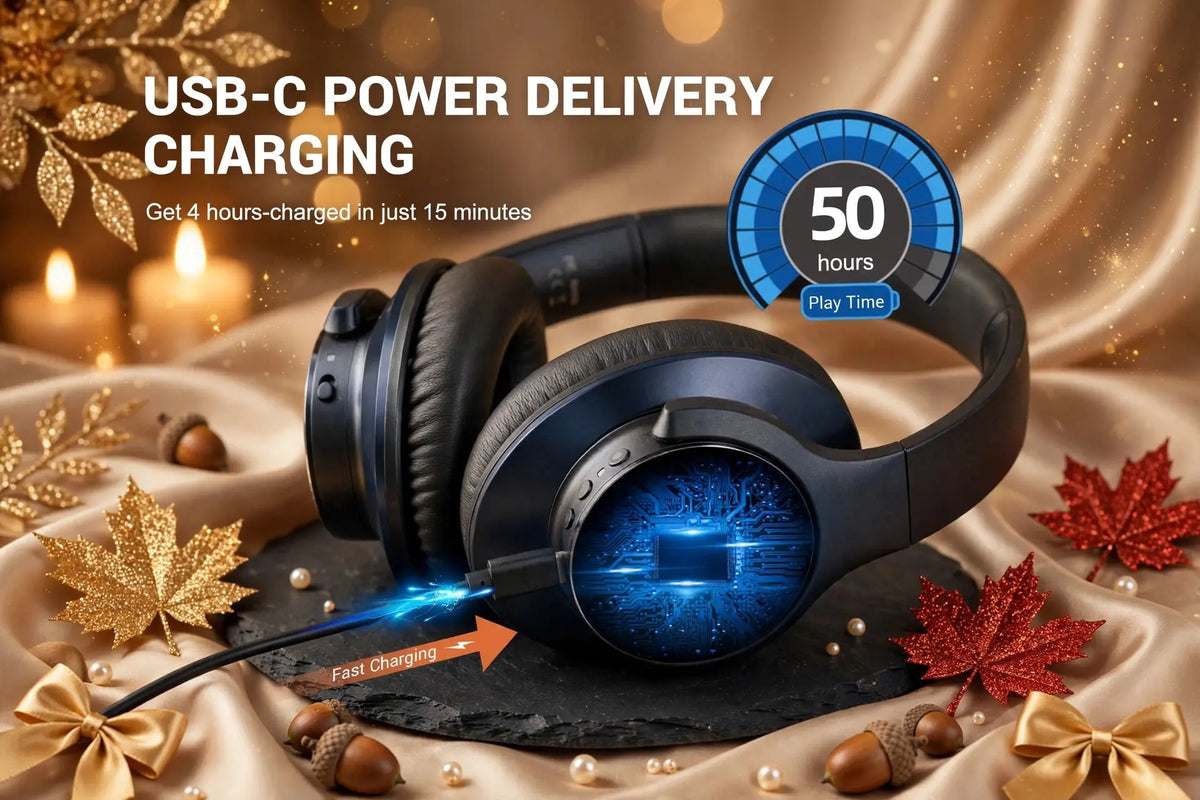 OneOdio A10 USB-C power delivery charging get 4 hours charged in 15 minutes 50 hours play charging, luxury autumn slate and satin with gold bows and glitter leaves