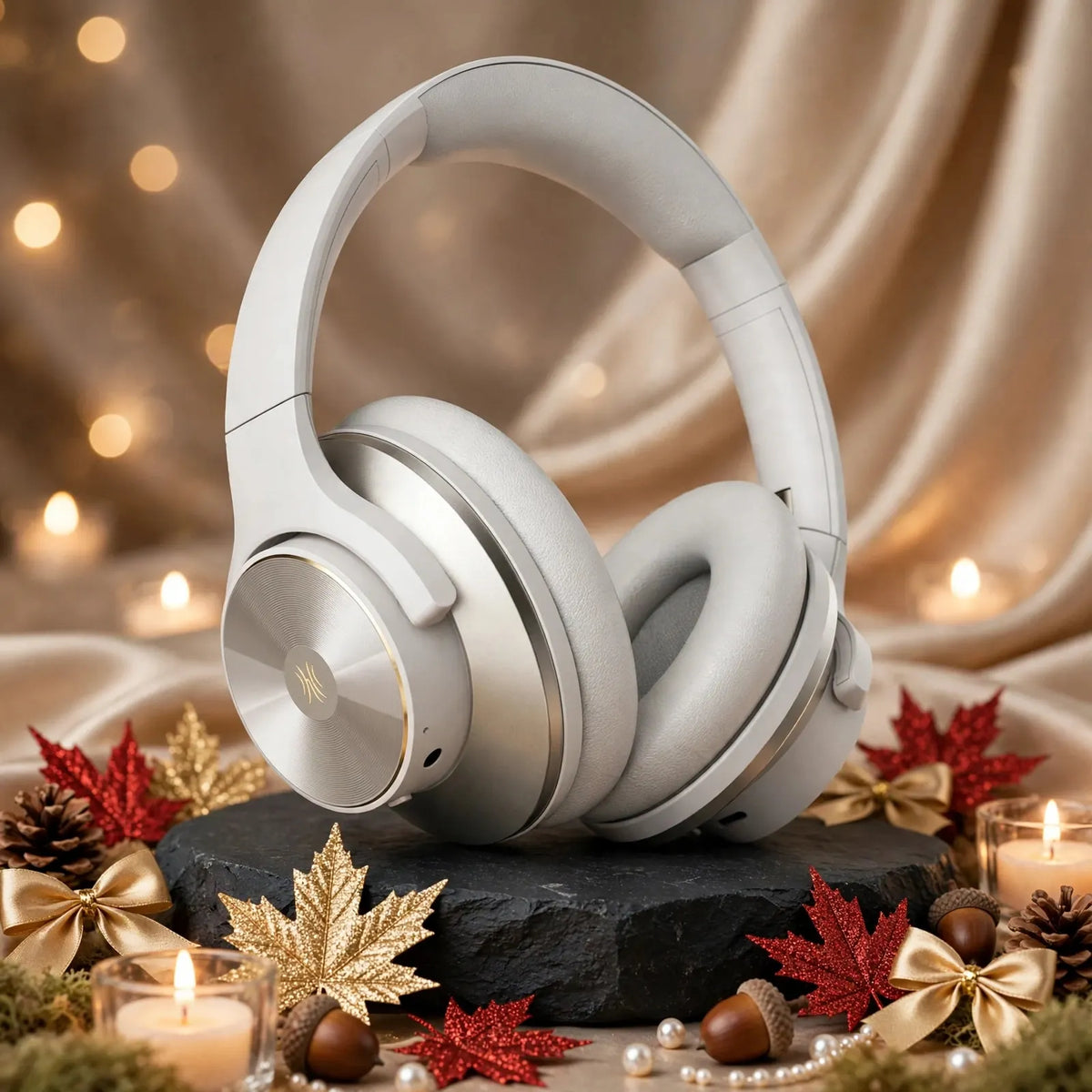 OneOdio A10 white silver headphones correct model with brushed circular metal and gold logo on black slate stone with champagne satin silk, gold and red glitter maple leaves, gold bows, acorns, pearls and candlelight, luxury autumn background