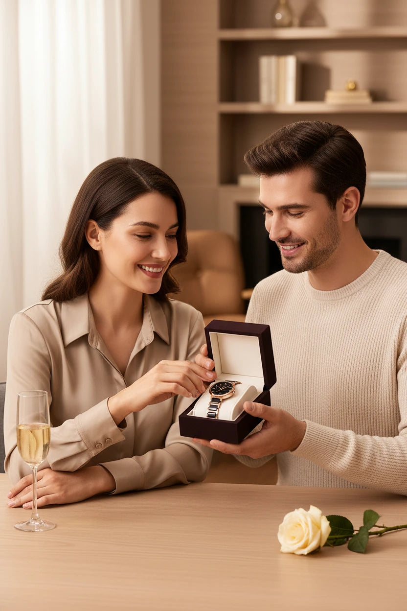 A man presents a wristwatch in an open dark gift box to a woman at a wooden table. The woman is smiling and reaching toward the watch, with a glass of champagne and a white rose on the table.