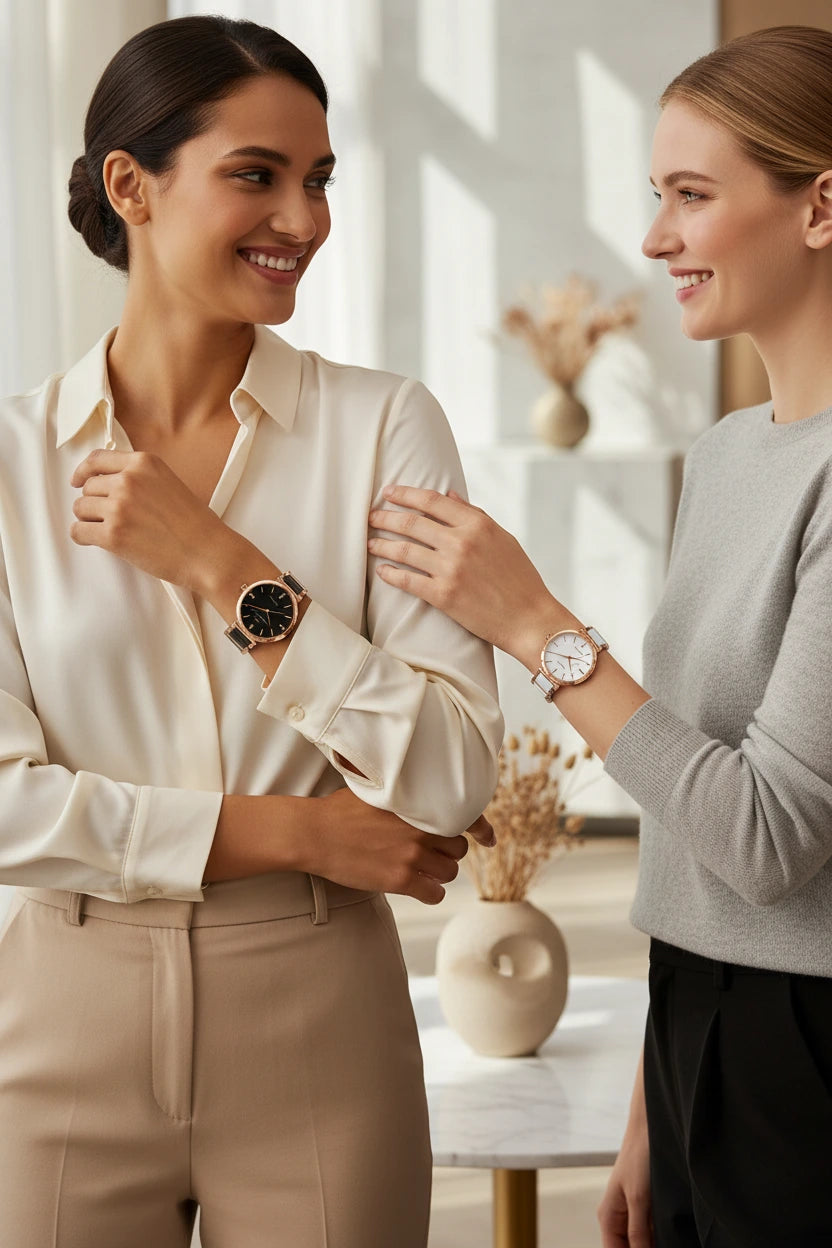Two women in a bright, modern room wearing elegant wristwatches. The woman on the left wears a cream satin shirt and beige trousers, while the woman on the right wears a light gray long-sleeve top and black trousers.