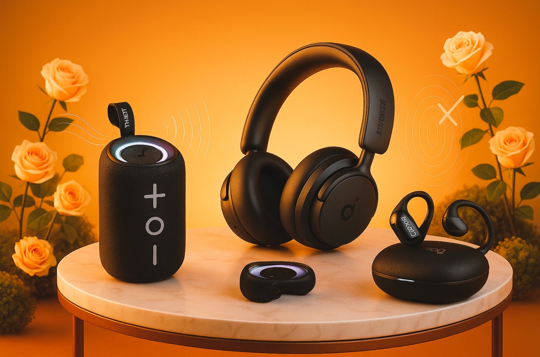 Set of black headphones, speaker, and earbuds on a wooden table with orange background and roses.