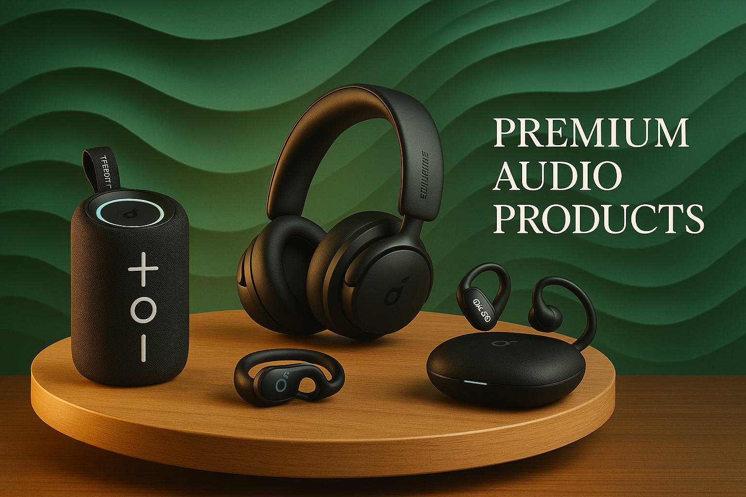 Set of premium audio products including headphones, earbuds, and a speaker on a wooden platform with a green wavy background.