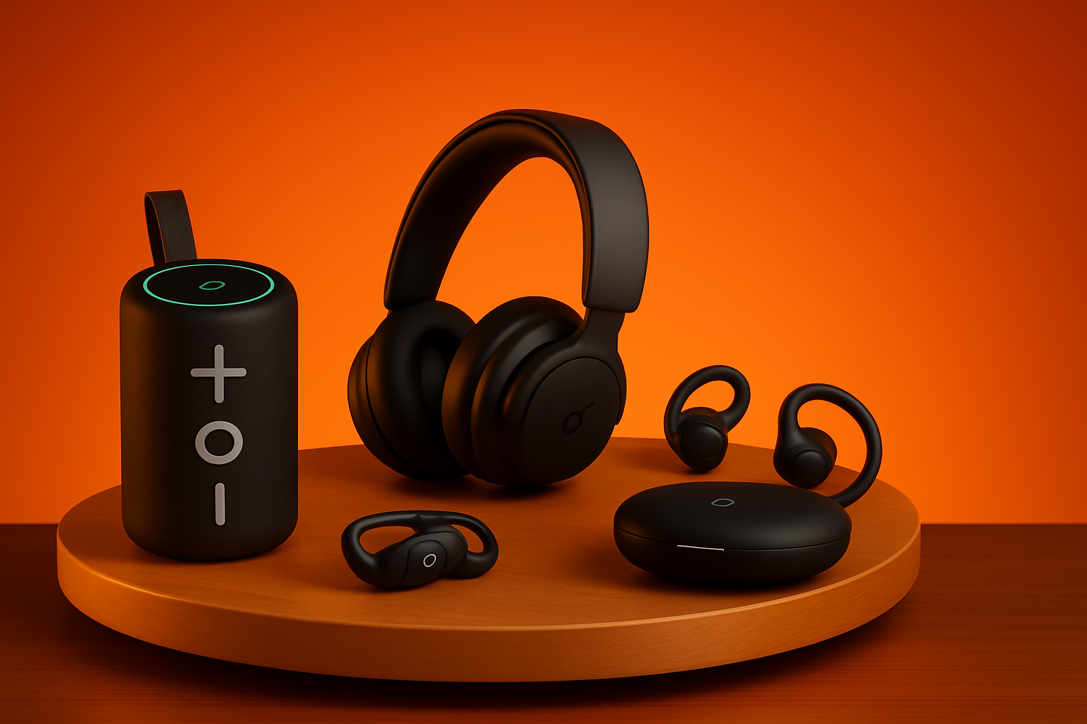 Set of black wireless earbuds and headphones on an orange background