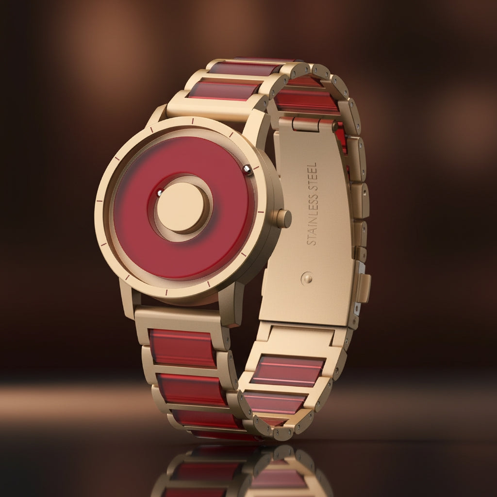 Watch with red and gold strap on a reflective surface