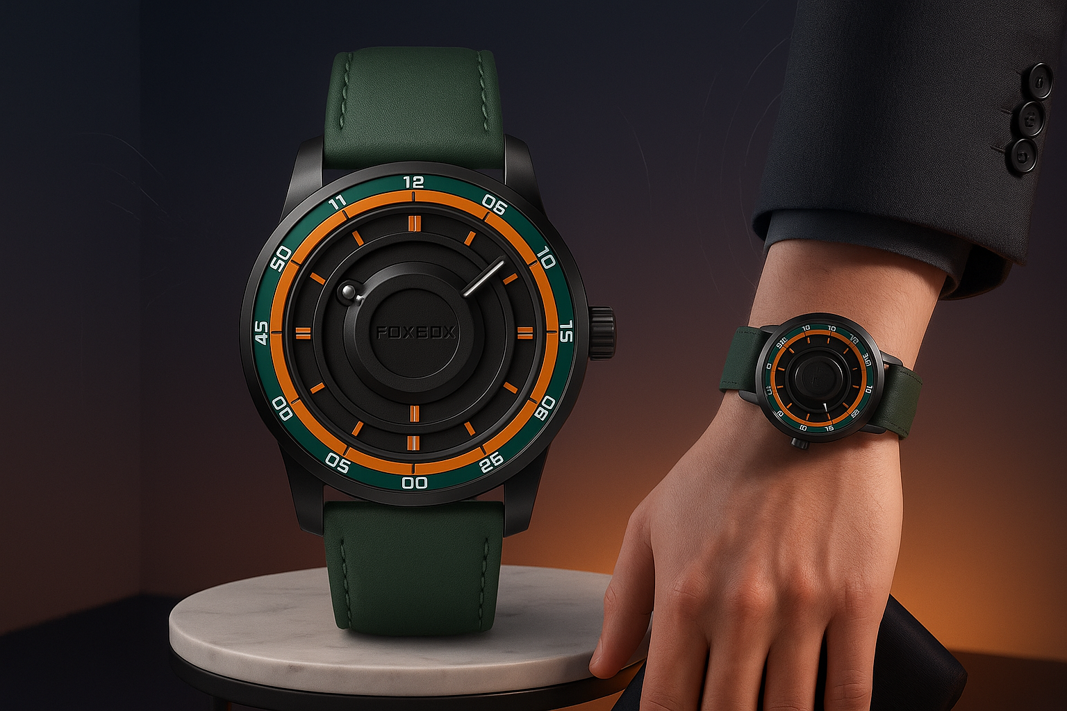 Product slide with green and orange sports watch using gradient background and design elements