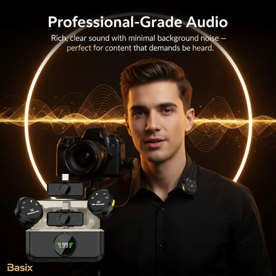 Man with professional-grade audio equipment and sound wave graphics on a dark background, featuring Basix brand.
