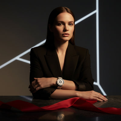 Woman in a black blazer with a watch, sitting at a table with red fabric, against a dark background with geometric lines.