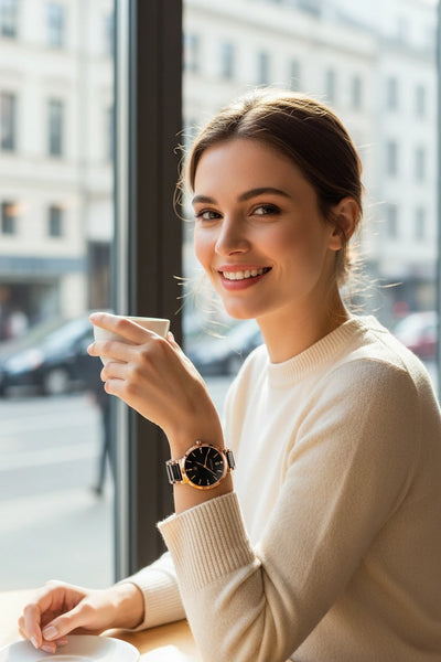 A woman in a cream knit sweater smiles while holding a cup by a large window, wearing a round wristwatch with a black dial and gold-tone case.