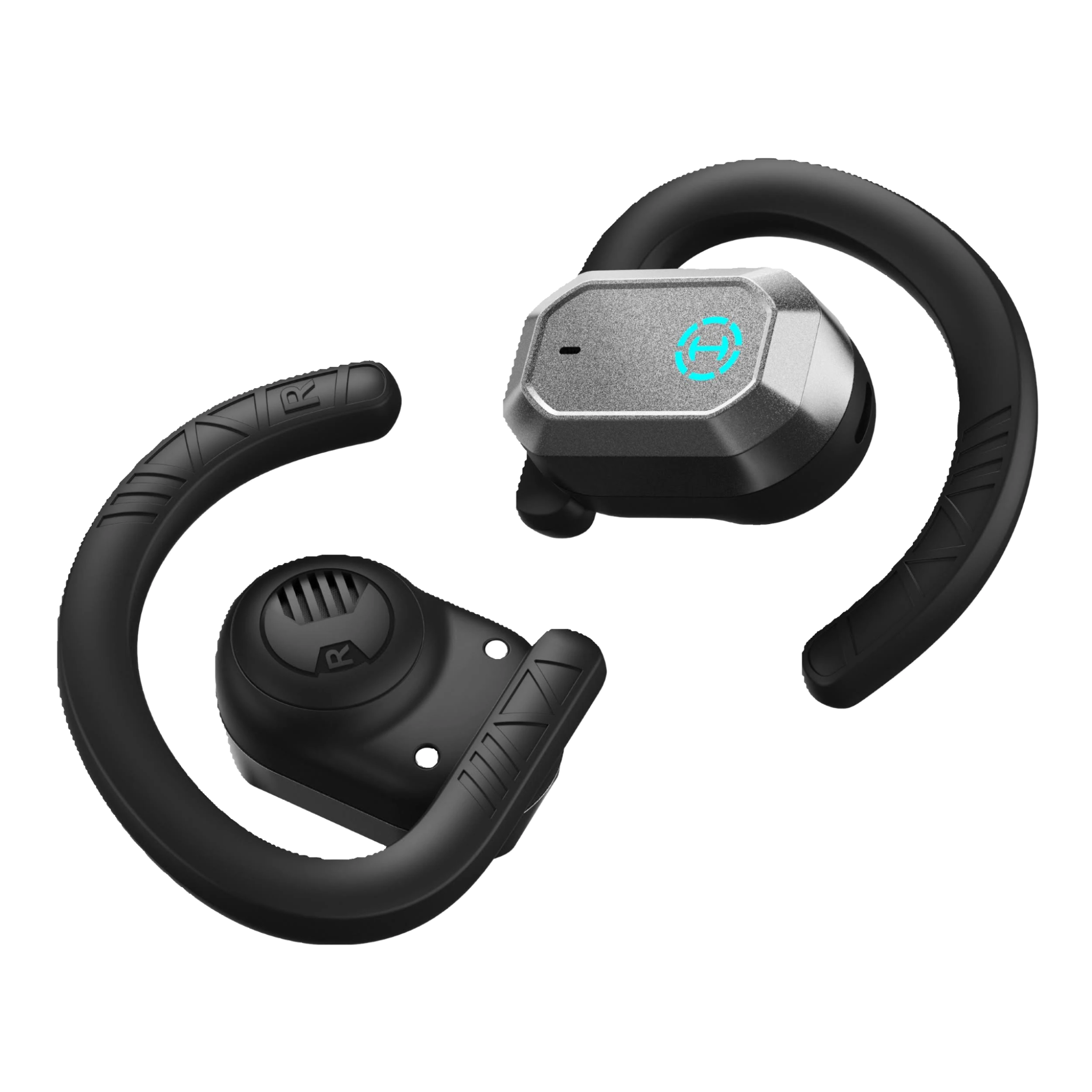 Edifier Air 2 open ear wireless earbuds with ear loops in black color, featuring a charging case.