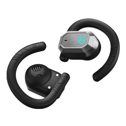 Edifier Air 2 open ear wireless earbuds with ear loops in black color, featuring a charging case.