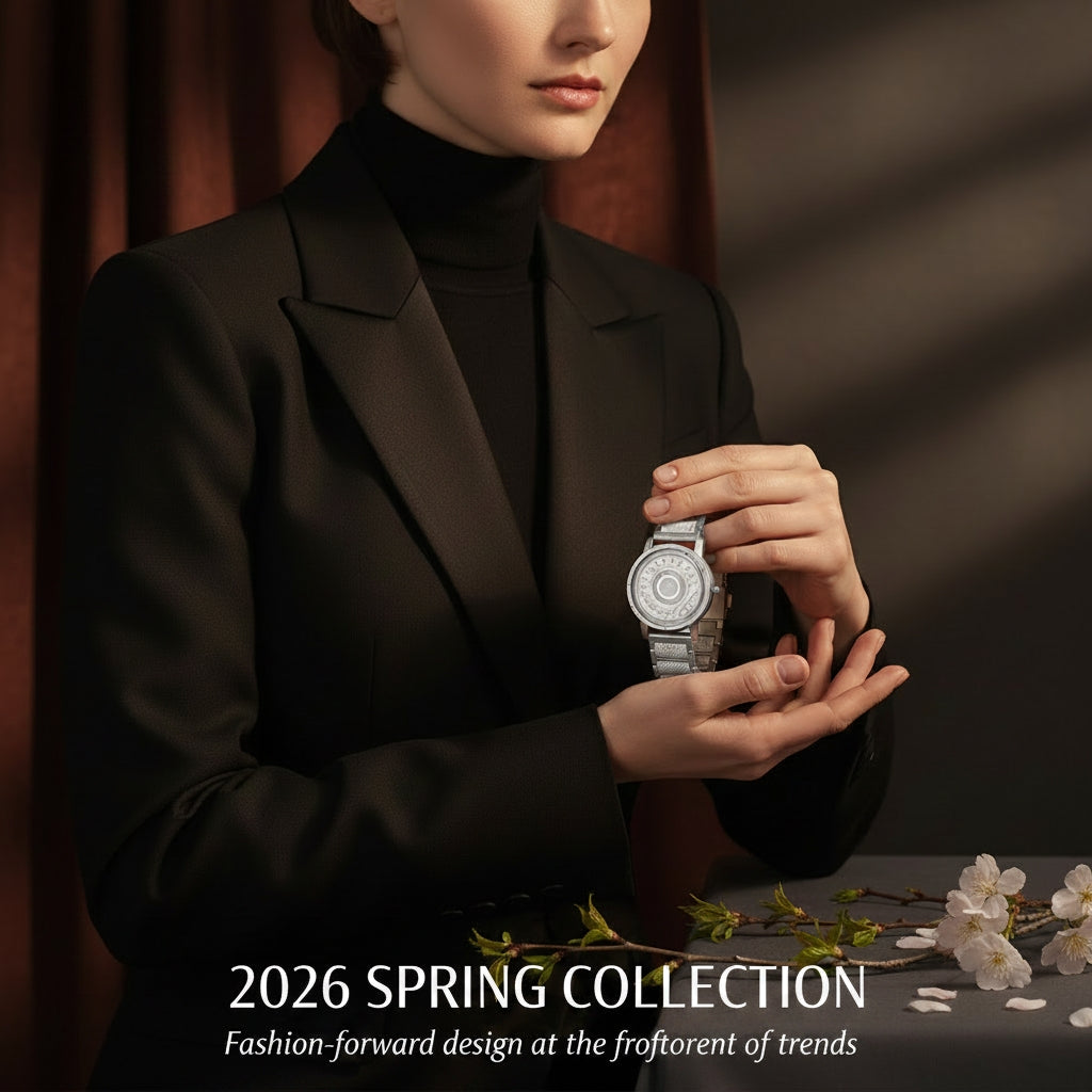 Person holding a silver watch with a dark background and text about a 2026 spring collection.