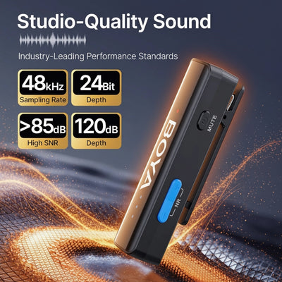 BOYA BY-M1 audio recorder with studio-quality sound features on a dark background