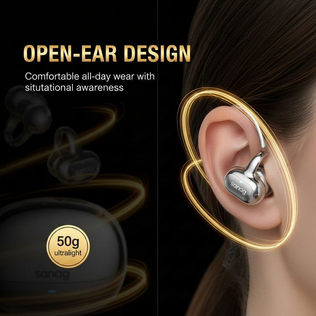 Open-ear design earbuds with a focus on comfort and situational awareness, featuring Sonin branding.