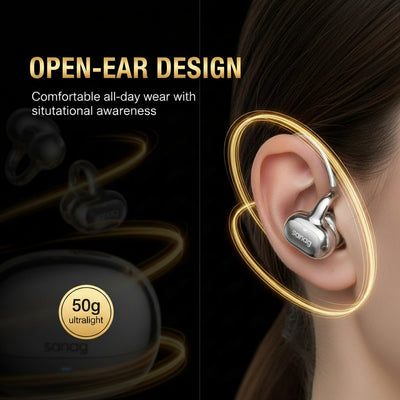 Open-ear design earbuds with a focus on comfort and situational awareness, featuring Sonin branding.