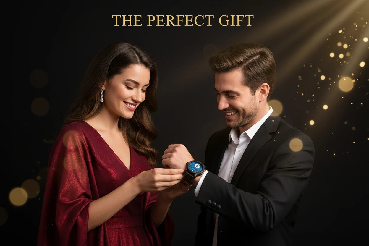 Man and woman looking at a watch with 'The Perfect Gift' text on a dark background
