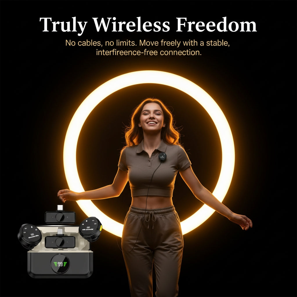Woman standing with outstretched arms in front of a glowing circular light, with text about truly wireless freedom.
