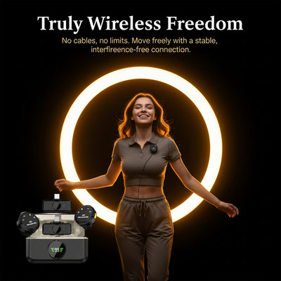 Woman standing with outstretched arms in front of a glowing circular light, with text about truly wireless freedom.