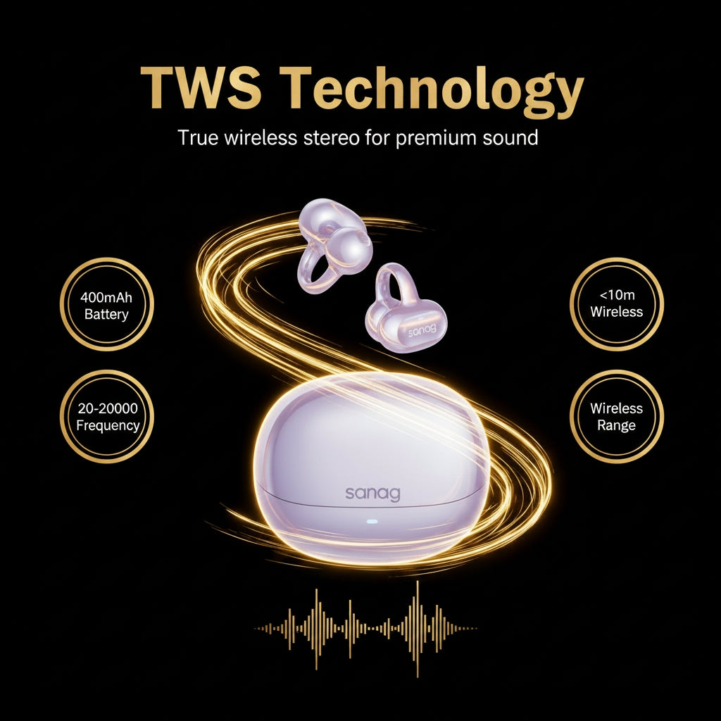 True wireless stereo earbuds with charging case on a black background, featuring TWS technology and product specifications.