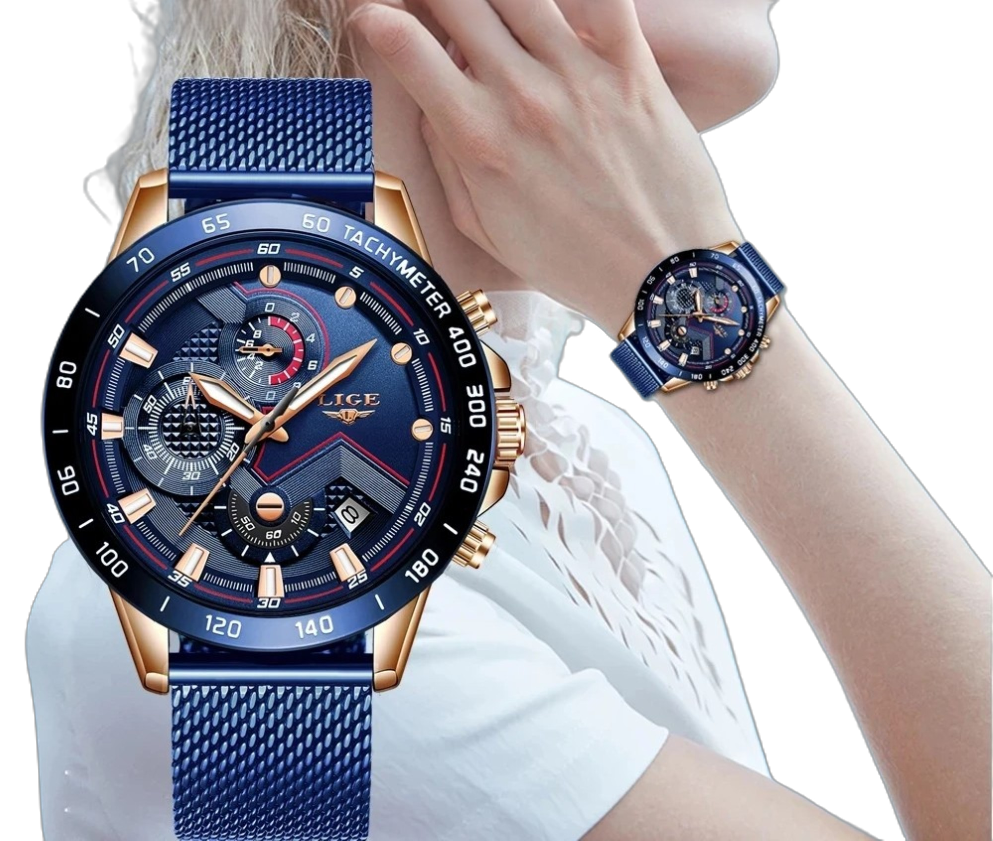 Blue and gold watch with detailed face on a white background