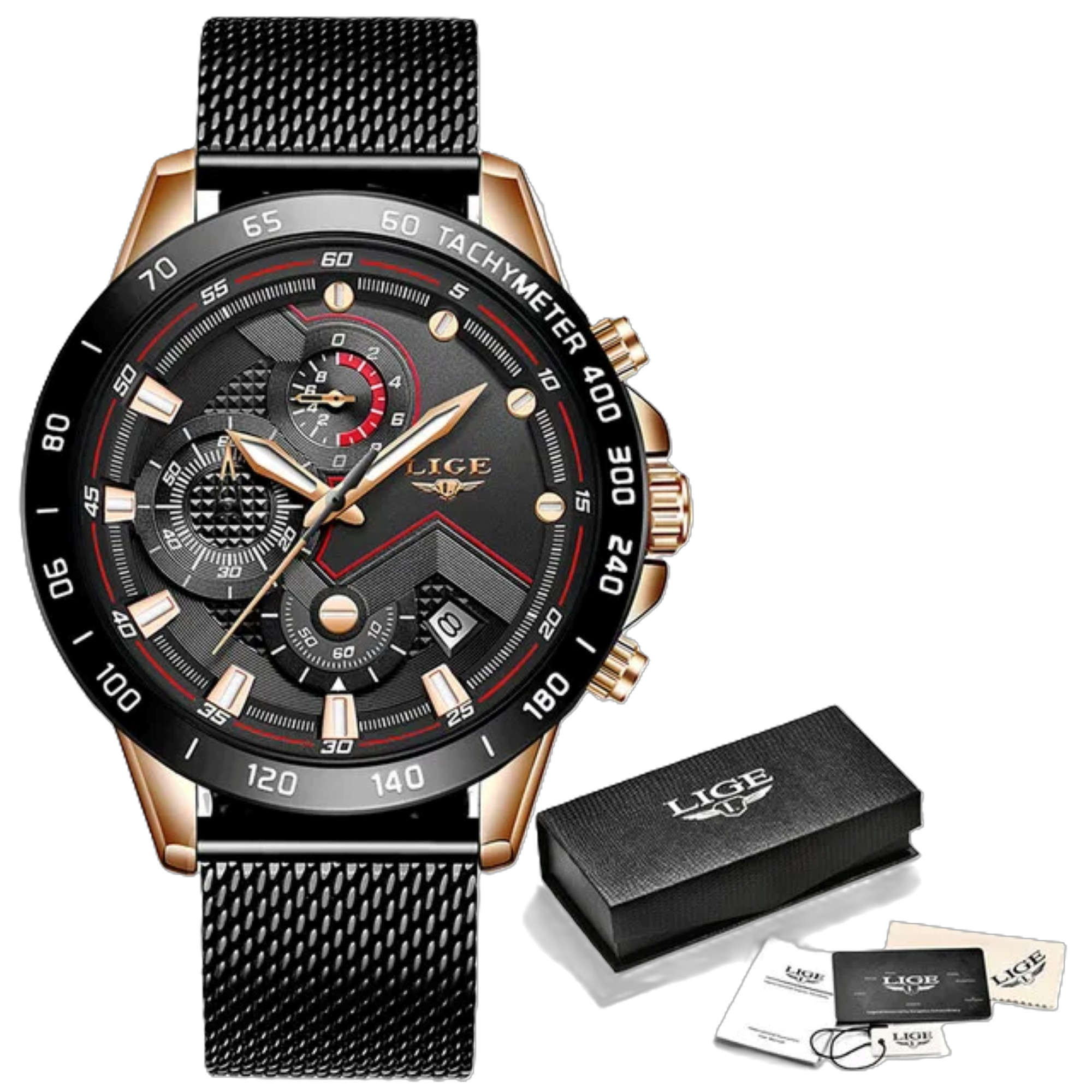 Luxury watch with black and rose gold design, accompanied by a box and cards on a white background