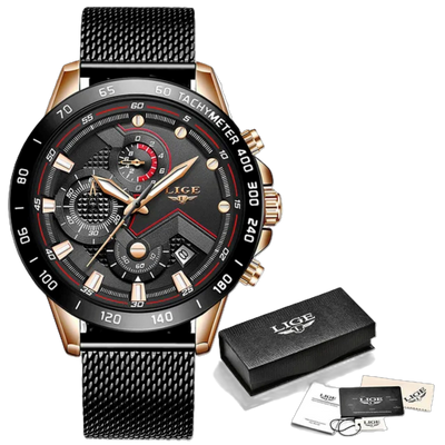 Luxury watch with black and rose gold design, accompanied by a box and cards on a white background