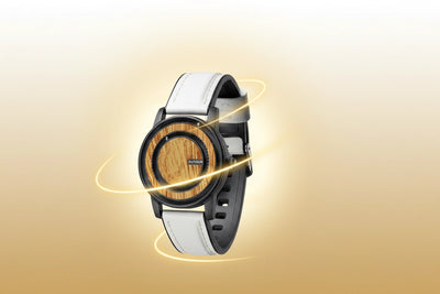 A smartwatch with a round wooden-patterned face and a white-and-black strap, shown floating against a warm beige gradient background with glowing light effects.